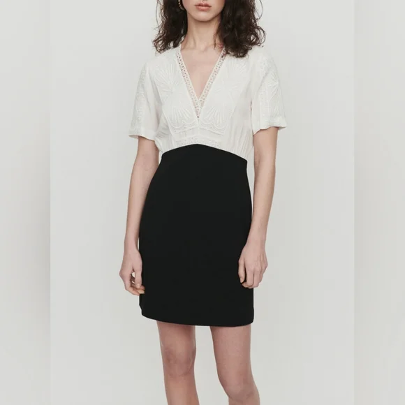 Maje Ravelle Lace-Inset Ceep V Neck Colorblock Mini Dress Ptp 17" Sz 3 UK / L US - Picture 9 of 16